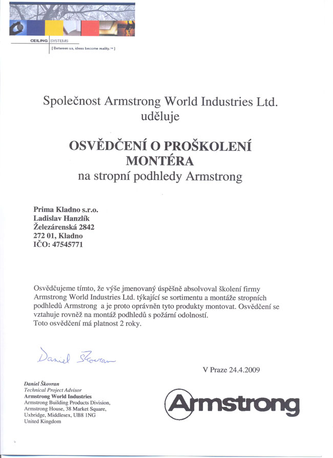 Certifikát Armstrong