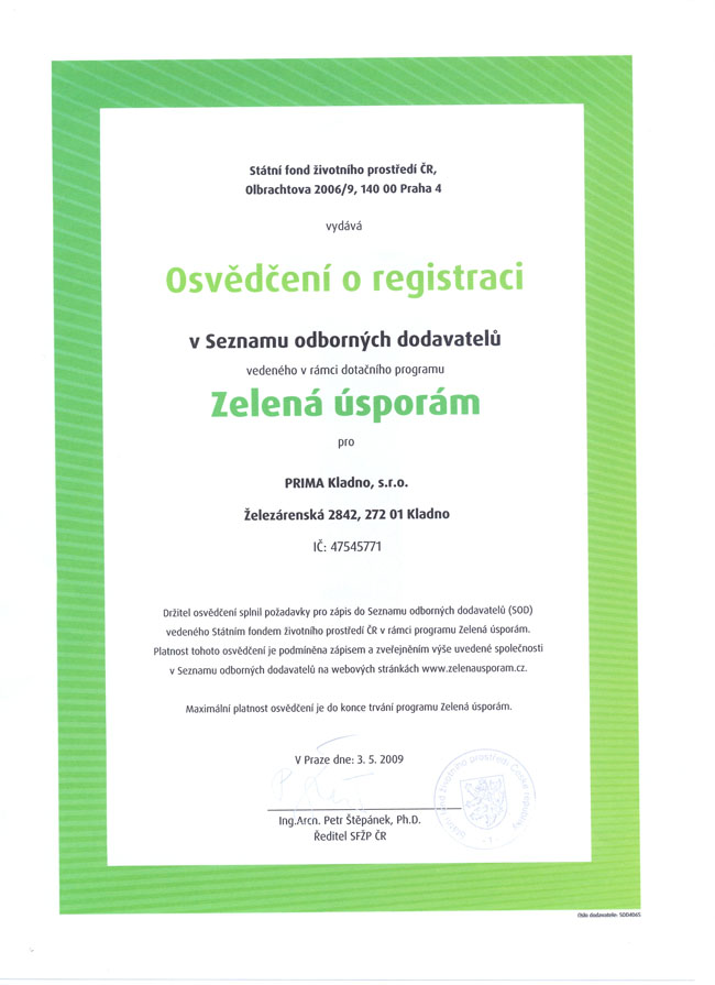 Certifikát Zelená úsporám!